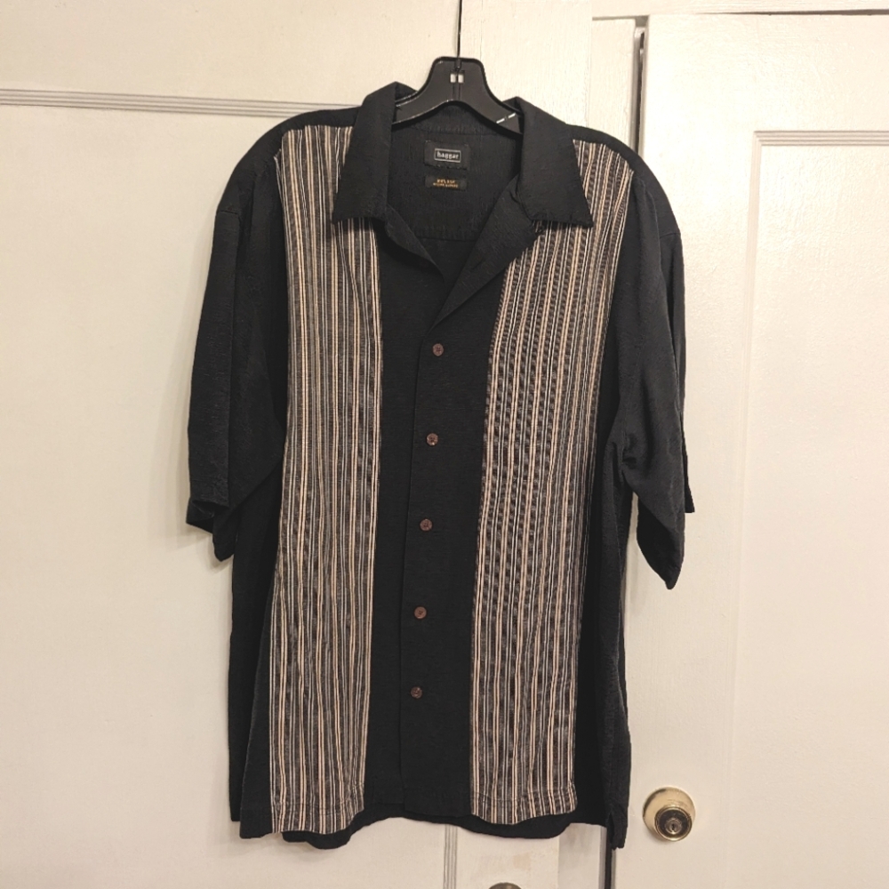 Men's 100% silk Haggar brand black with cream stripes button down short sleeve
